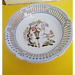 Vintage German Porcelain Fruit Bowl Asian Garden Design 9 1/4"